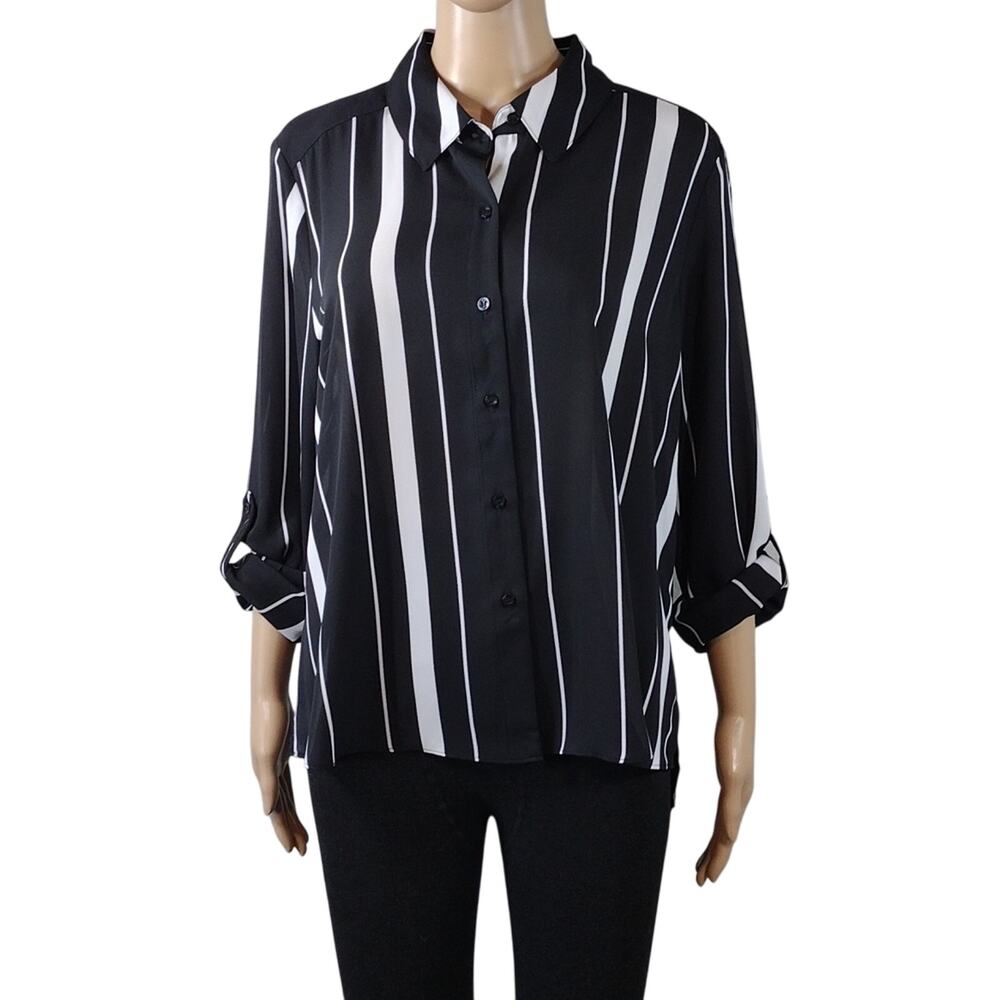 INC International Concepts Black White Stripes Flowy Button Down Shirt Size L